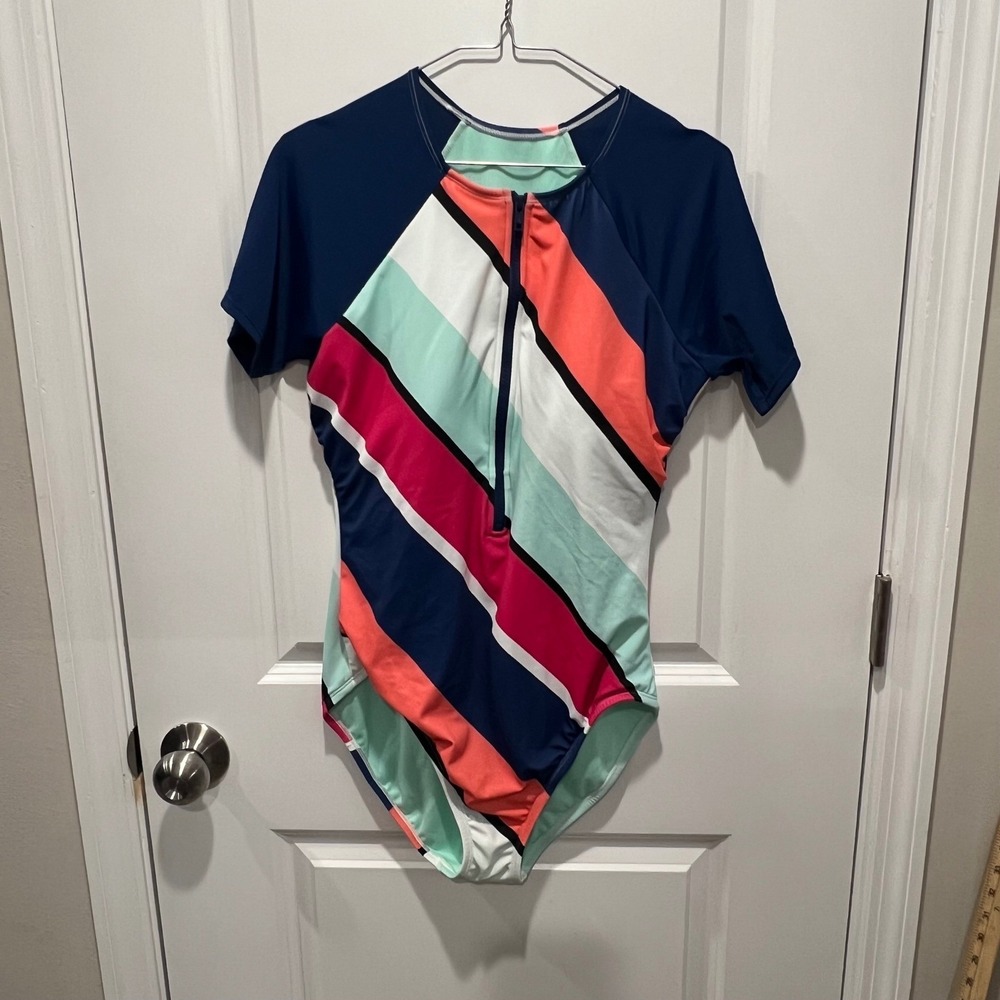 Avia Girls One Piece Swimsuit Rainbow Stripe Short Sleeve Zip Front Size L 12 14
